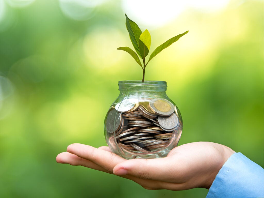 A closeup of a hand holding a glass vase filled with coins. A green plant grows out of the top.